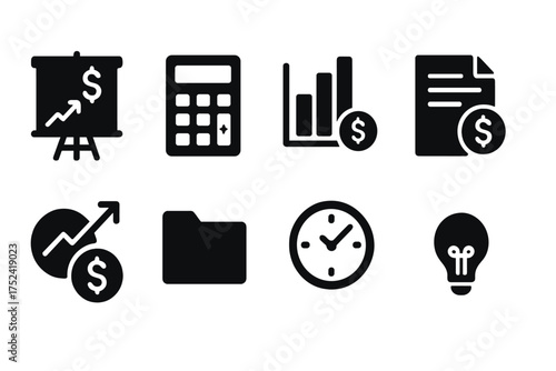 Finance, business solid icon set. money, investment, chart, analysis, calculation icons