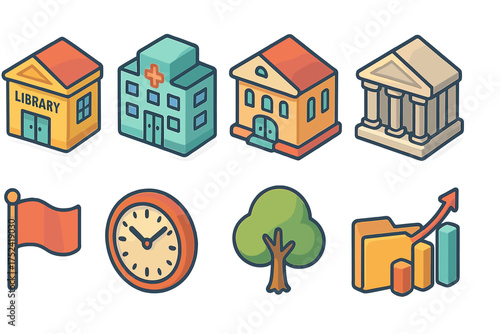 Education and public services icon set: flat style educational icons collection