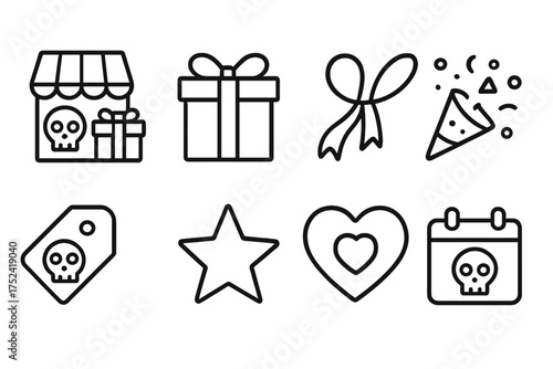 Halloween celebration icon set in a festive outline style for holiday decorations