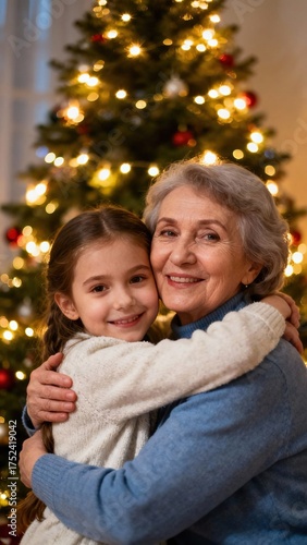 Heartwarming grandmother and granddaughter embrace by christmas tree in cozy holiday setting
