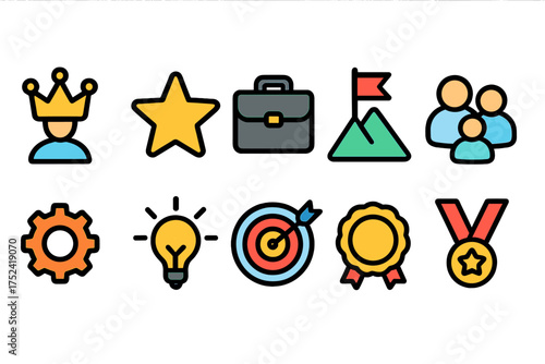Achievement and success icon set, flat style. trophy, goal, teamwork, award icons.