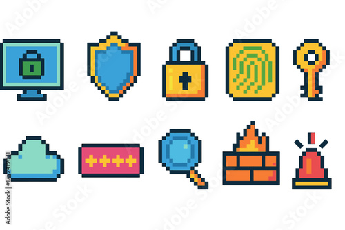 Security and protection icon set. pixel-style cybersecurity icons collection.