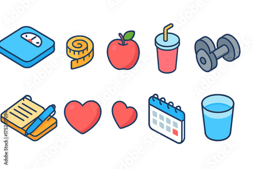 Health and fitness flat icon set. wellness, diet, exercise, nutrition icon collection
