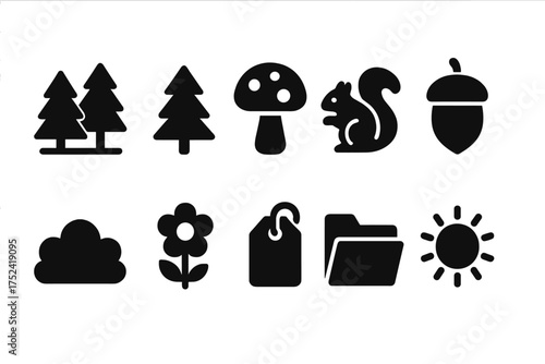 Nature and forest silhouette icon set for outdoor and wildlife design projects