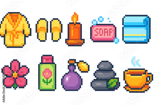 Spa and wellness icon set in colorful pixel art. relaxation, beauty icons in 8-bit style.