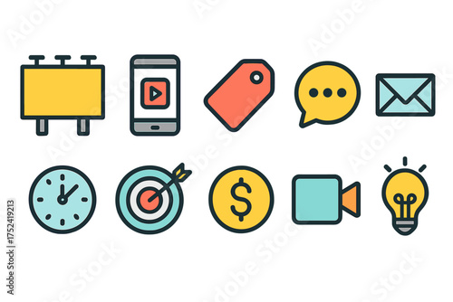 Business and marketing flat icon set. promotion, communication, finance flat icons.