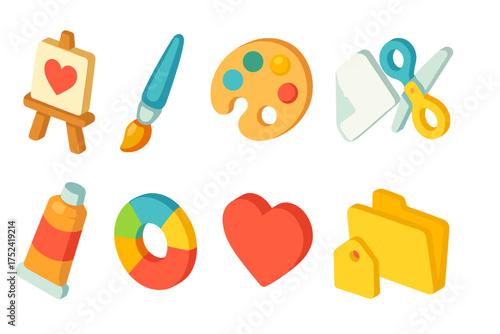 Art and craft 3d icon set. creative tools, painting, sculpture icons collection