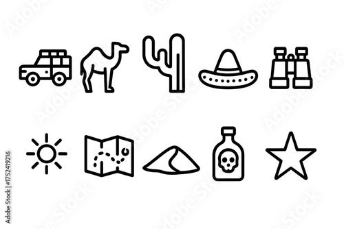 Adventure and travel outline icon set. desert journey and exploration symbols collection