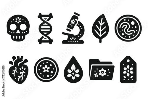 Science and nature silhouettes icon set. biology, plant, dna silhouette icons collection