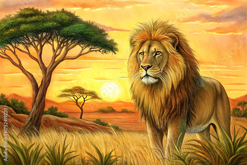 lion, savanna, ridge, acacia, trees, grass, rocks, sunset, wild, nature, safari
