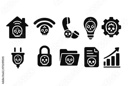 Tech and security skull solid icon set: home, wi-fi, phone, power, privacy icons
