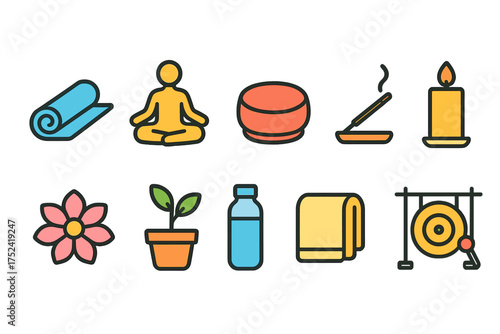 Wellness and meditation icon set. mindfulness relaxation icons flat collection