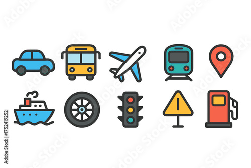 Transportation and travel outline icon set. vehicles, maps, road signs collection.