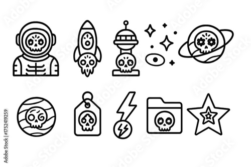 Space horror outline icon set. astronaut, skull, alien sci-fi icons collection