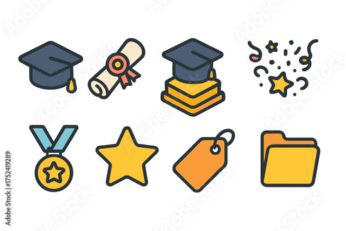 Education and achievement icon set. graduation and awards flat icons collection
