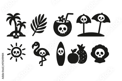 Beach and tropical elements silhouette icon set. vacation, summer vibes icons collection