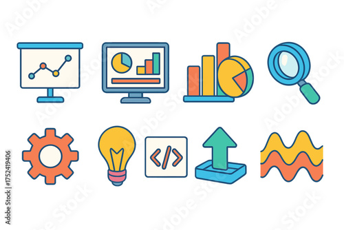 Business analytics flat icon set. data, charts, and analytics icons collection