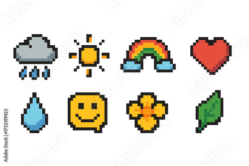 Weather and nature icon set in pixel art style. cute, colorful pixelated icons collection.