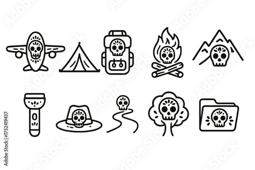 Adventure, skull outline icon set. outdoor, camping, hiking icon collection