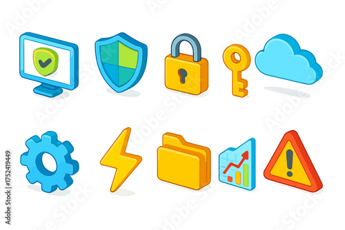Security and technology icon set. 3d protection and cloud computing icons collection
