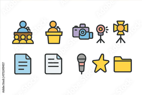 Business presentation and media flat icon set. conference and multimedia symbols.