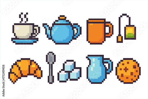 Beverage, breakfast pixel icon set. coffee, tea outline icons collection