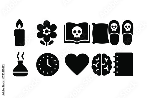 Dark theme silhouette icon set: skulls, candles, heart, book, flower, brain, clock