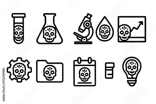 Science-themed outline icon set. laboratory, skull, microscope science icons collection