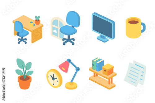 Office, workspace flat icon set. desk, chair, computer icons flat collection