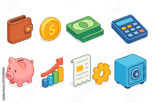 Finance and banking icon set. 3d style, money, calculator, savings icons collection