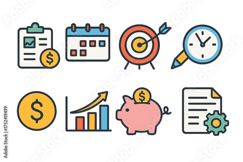Finance and business flat icon set. budget, investment, management icons collection