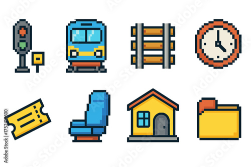 Transportation and travel pixel icon set. train, ticket, clock and more in pixel style.