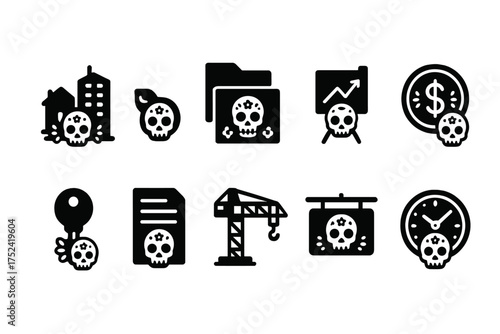 Business, economy silhouette icon set with skull theme for dark concepts