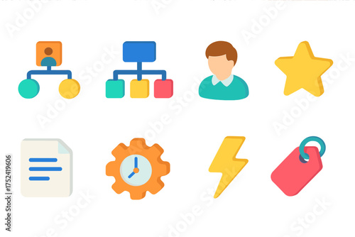 Business management flat icon set. workflow, team, strategy, organization icons