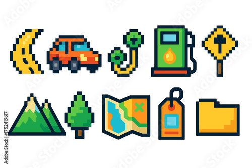 Travel, tourism pixel icon set. explore vacation maps, mountains, and road signs.