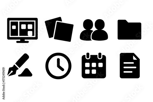 Office solid icon set. essential business tools and organization icons in solid style