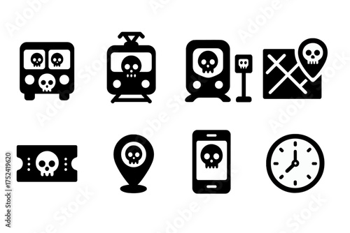 Public transport ghost solid icon set. bus, train, location, ticket, spooky icons collection.