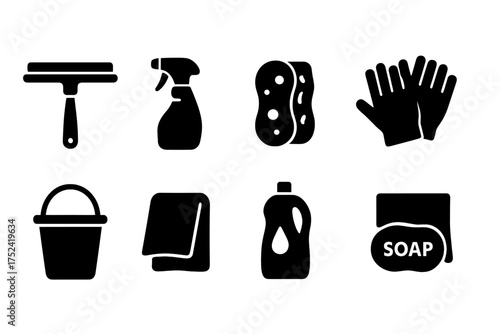 Cleaning tools solid icon set. essential cleaning equipment and supplies icons collection