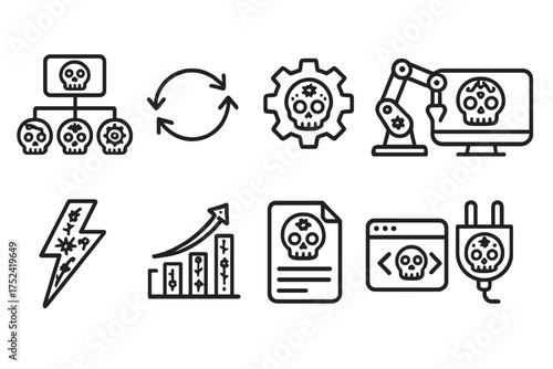 Virus, cybersecurity outline icon set. malware, threat detection line art collection