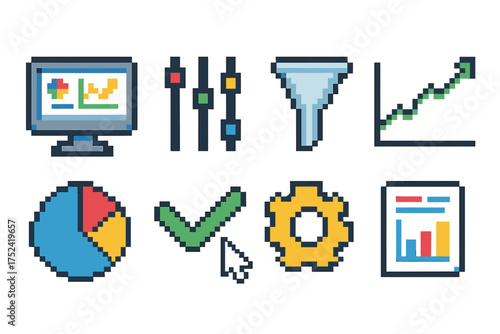 Data and analytics icon set. business, statistics, pixel style for reports and dashboards