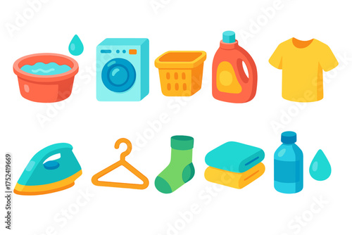 Laundry essentials flat icon set. washing machine, detergent, clothes icons collection