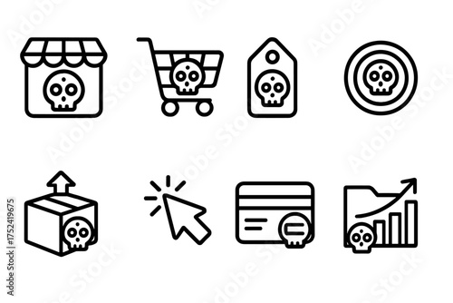 Halloween e-commerce icon set. spooky shopping, payment icons in outline style.