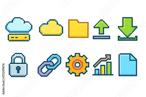 Pixelated office flat icon set. cloud, file, security symbols in pixel style