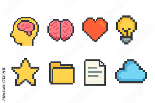 Pixel art icon set: creative, brainstorming, love, star, and cloud symbols in 3d