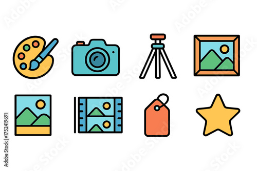 Photography and art outline icon set. camera, painting icons outline collection