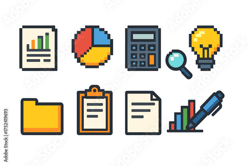 Business and finance icon set. analytical and office tools in pixel art style