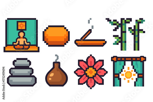 Zen, spa pixel art icon set. relaxation, meditation, wellness in pixel art style