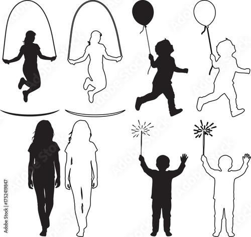 Black and white silhouettes of children playing with balloons jump ropes and sparklers showcase childhood joy and innocence in a simple design
