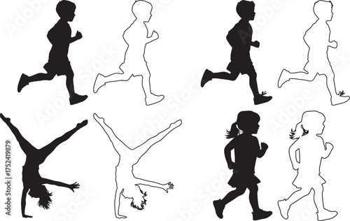 Silhouettes of children running doing cartwheels and playing depicted in both solid black and outline forms against a white background