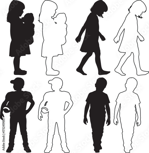 Black and white silhouettes of children playing and walking in various poses and activities showcasing childhood innocence and playful energy